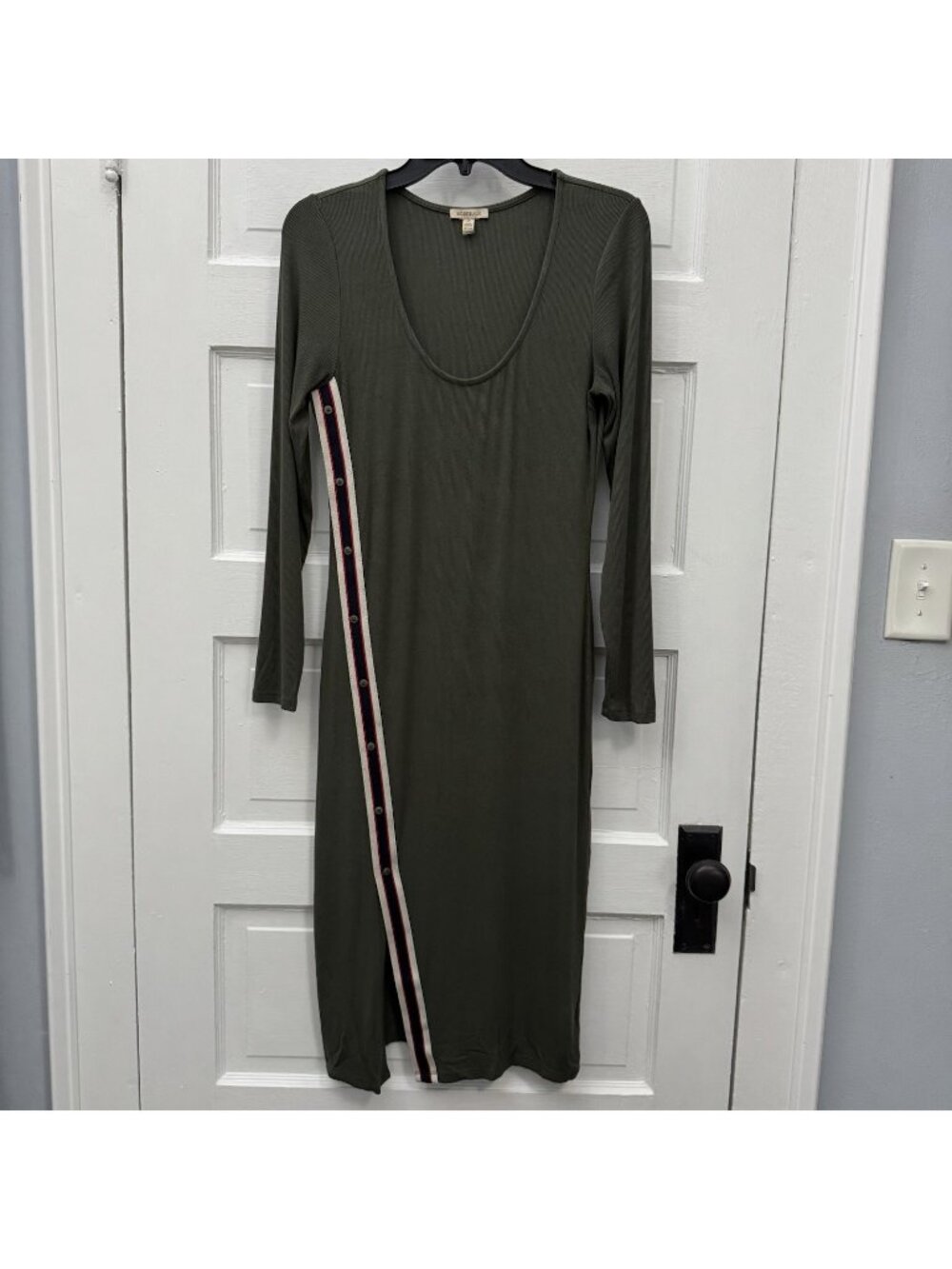 Bordeaux Ribbed Midi Dress S Olive Green Long Sleeve Side Stripe Bodycon - Picture 1 of 8